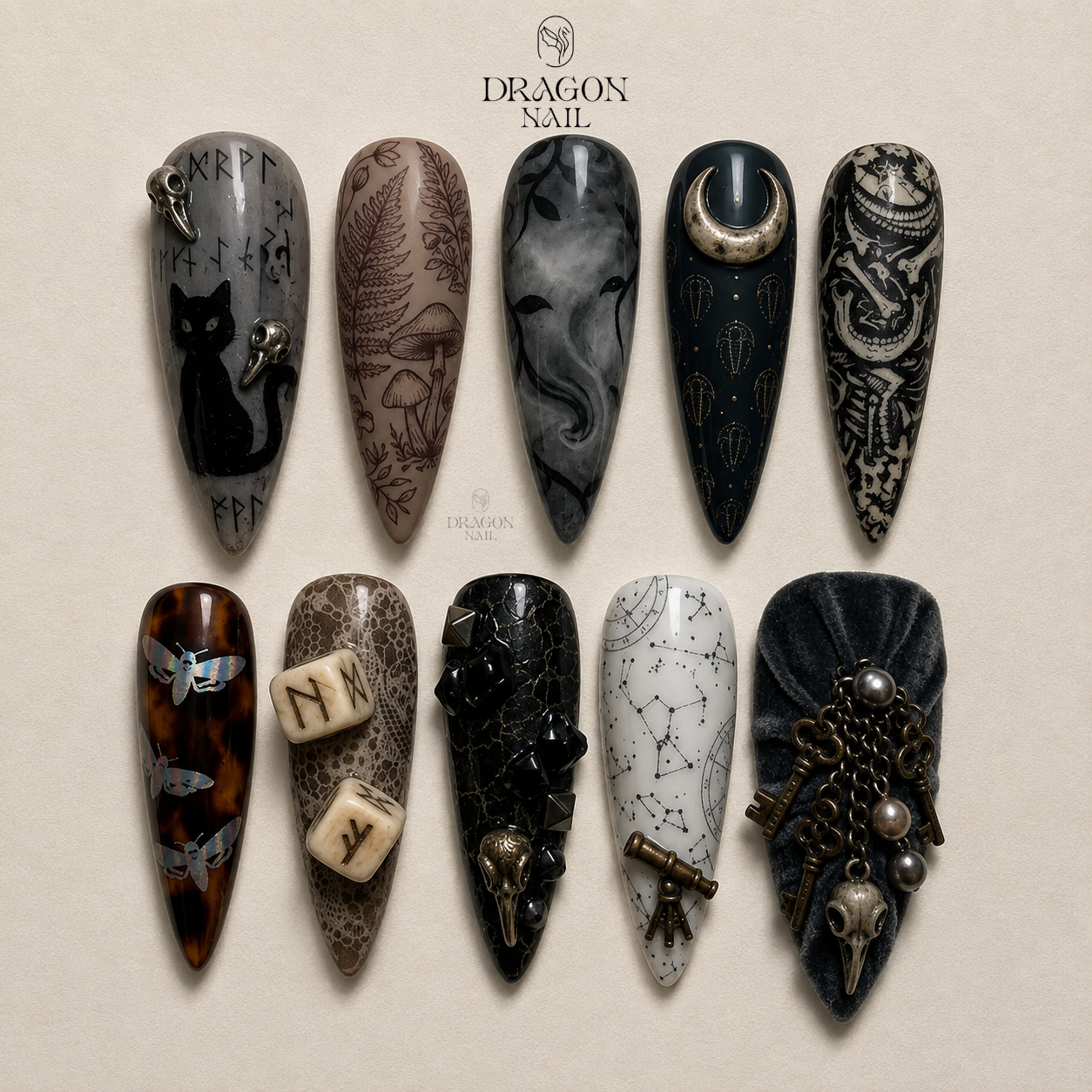Grey Black Witchy Celestial Rune Skull Stiletto Press On Nails