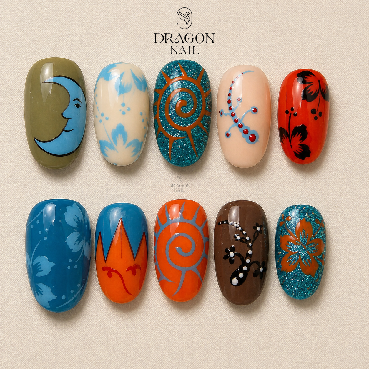 Boho Moon Floral Swirl Artistic Press On Nails