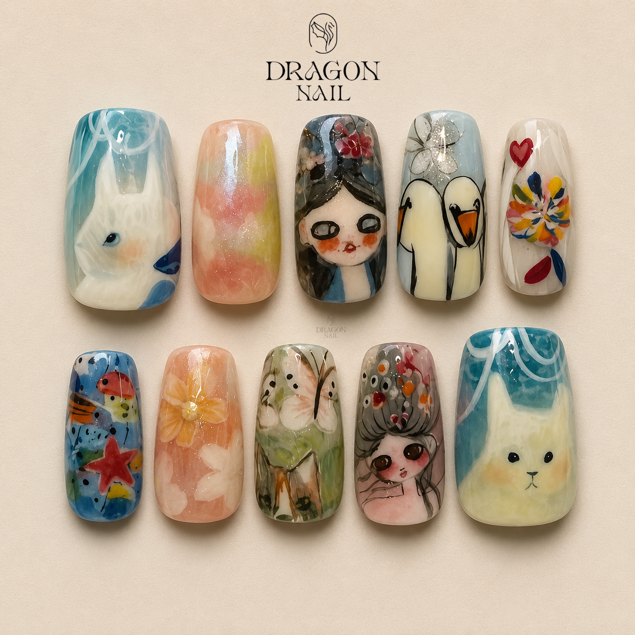 Hand Painted Doll Kitty Kawaii 3D Cute Character Press On Nails