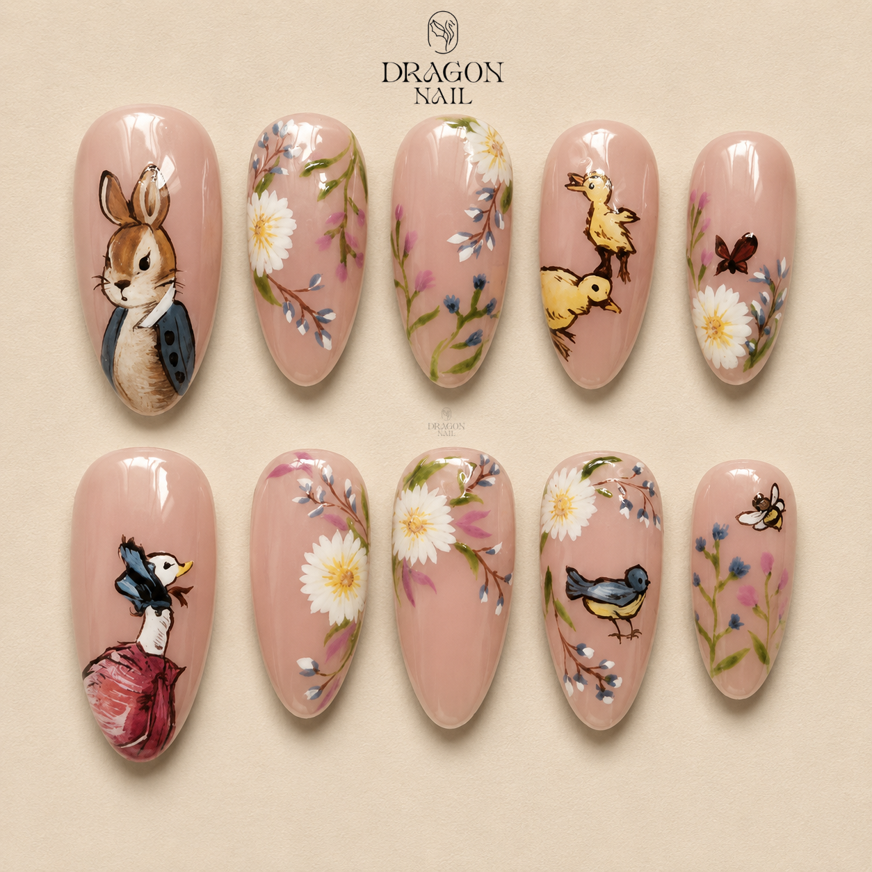 Hand Painted Storybook Bunny Pastel Cute Press On Nails