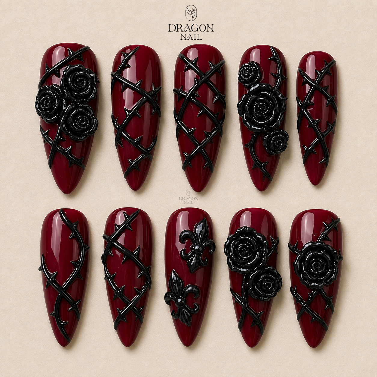 "Handmade Gothic Press On Nails | Black Rose 3D Art On Wine Red Base