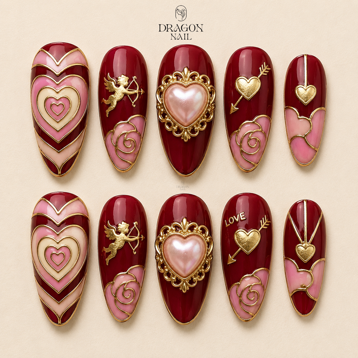 Handmade Valentine Vintage Heart Frame Cupid Rose 3D Press On Nails Long Oval Luxury Set