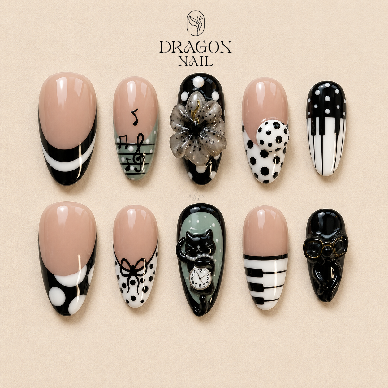 Kawaii Kitten Piano Bow Polka Dot Press On Nails