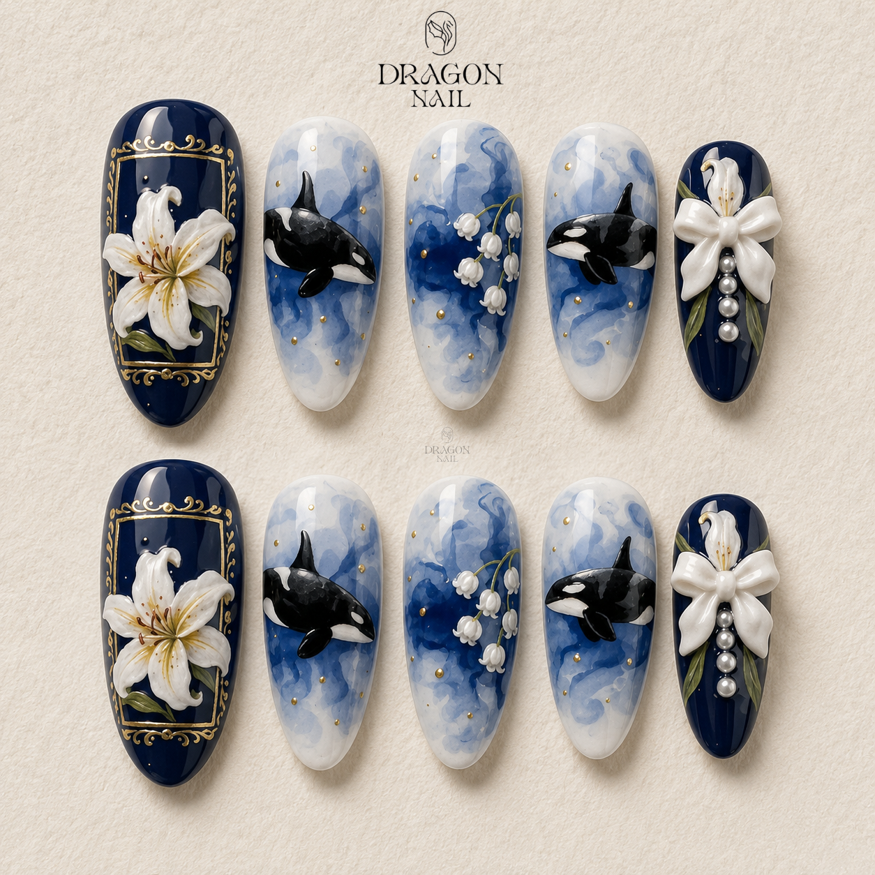 Orca Whale Blue Ocean Floral Bow Elegant Press On Nails