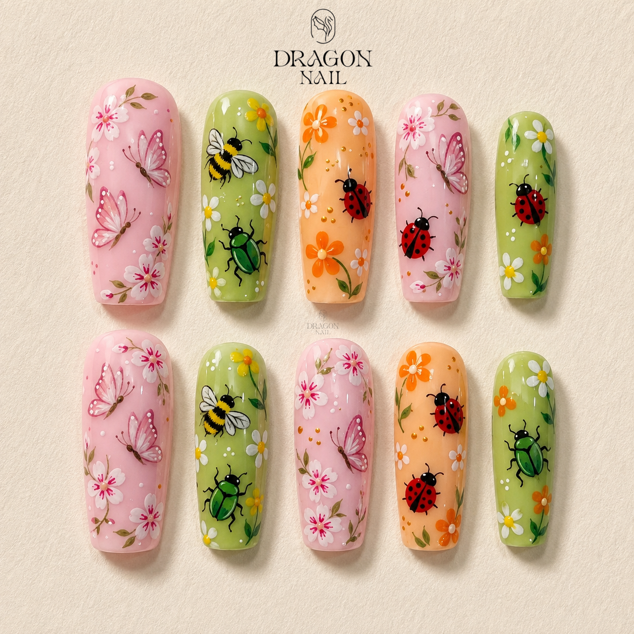 Spring Garden Pastel Floral Butterfly Bee Ladybug Press On Nails