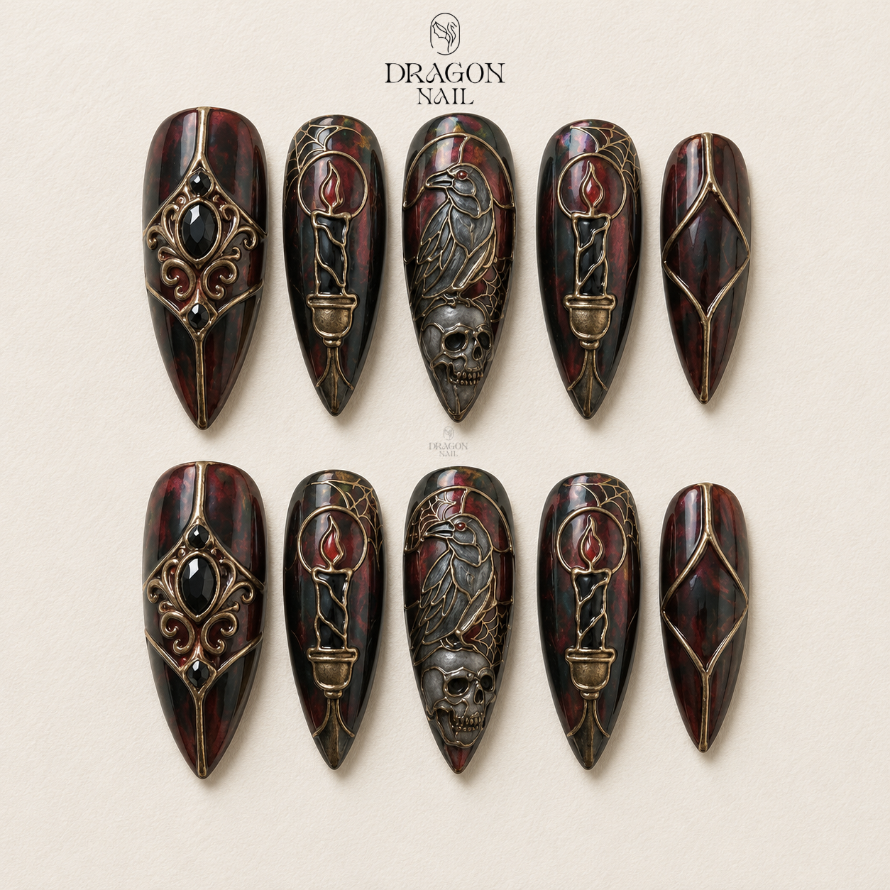 Stained Glass Raven Skull Macabre Gothic Press On Nails