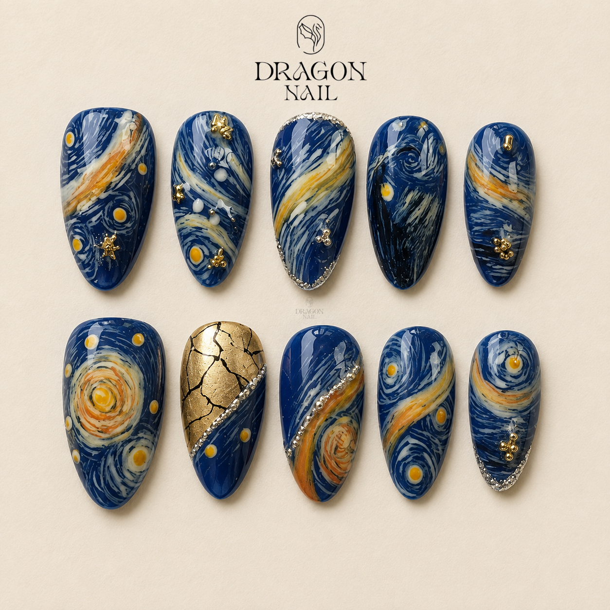 Van Gogh Inspired Starry Night Blue Swirl Artistic Press On Nails