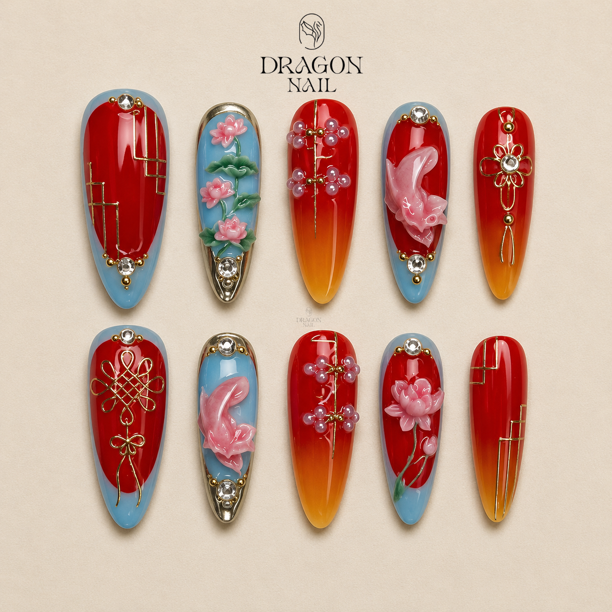 Zen Lotus Koi Fish Hand Painted Water Garden Press On Nails