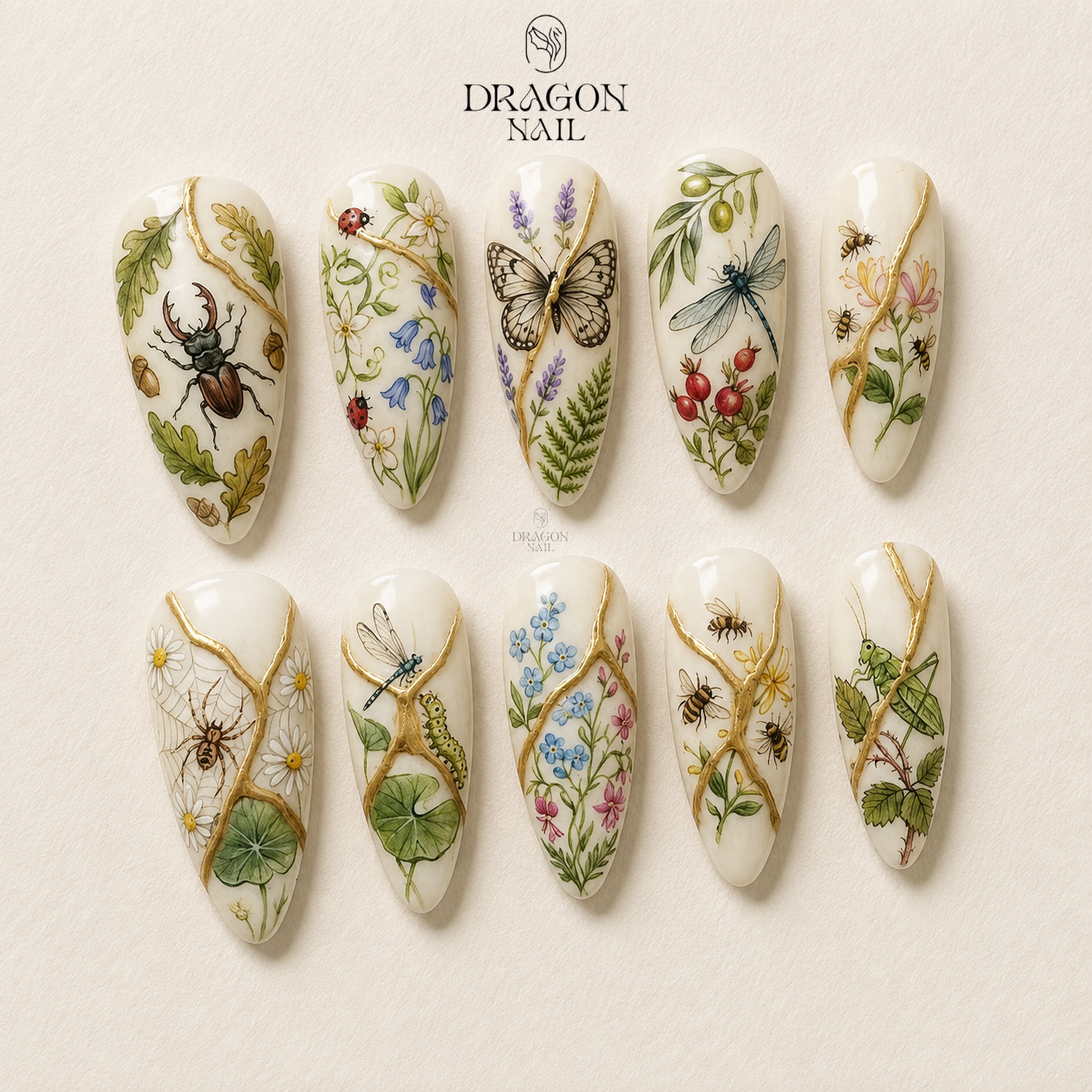 Luxury Kintsugi Gold Botanical 3D Floral Elegant Press On Nails