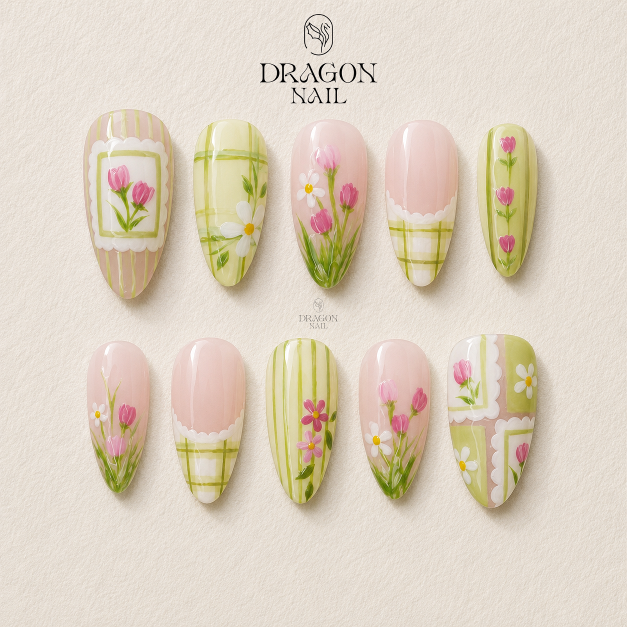 Green Floral Plaid Cottagecore Botanical Press On Nails