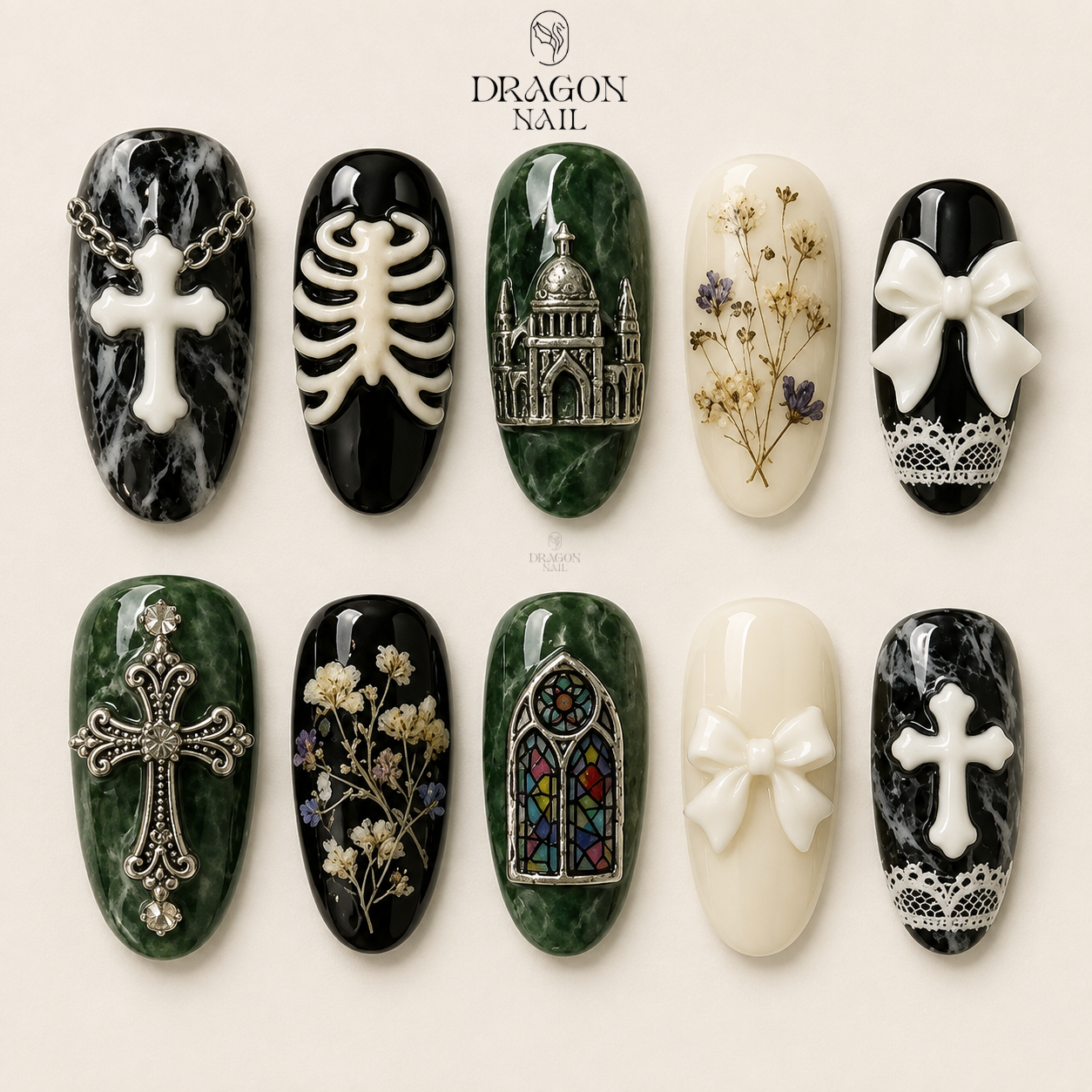 Dark Green Black Ivory Cross Gothic Almond Press On Nails