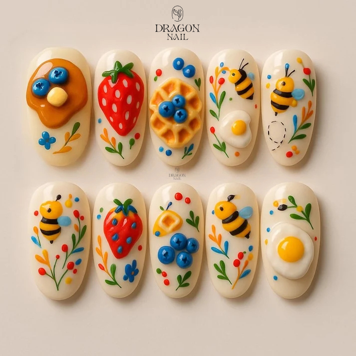 Cute Picnic Food Bee Strawberry 3D Press On Nails