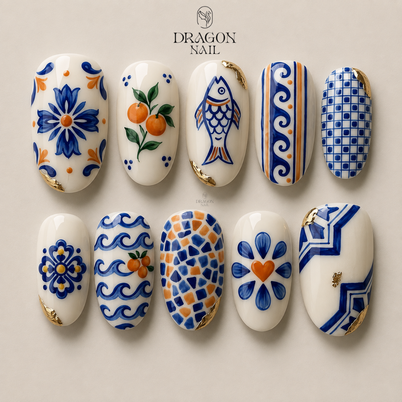 Blue White Ceramic Coastal Artistic Press On Nails