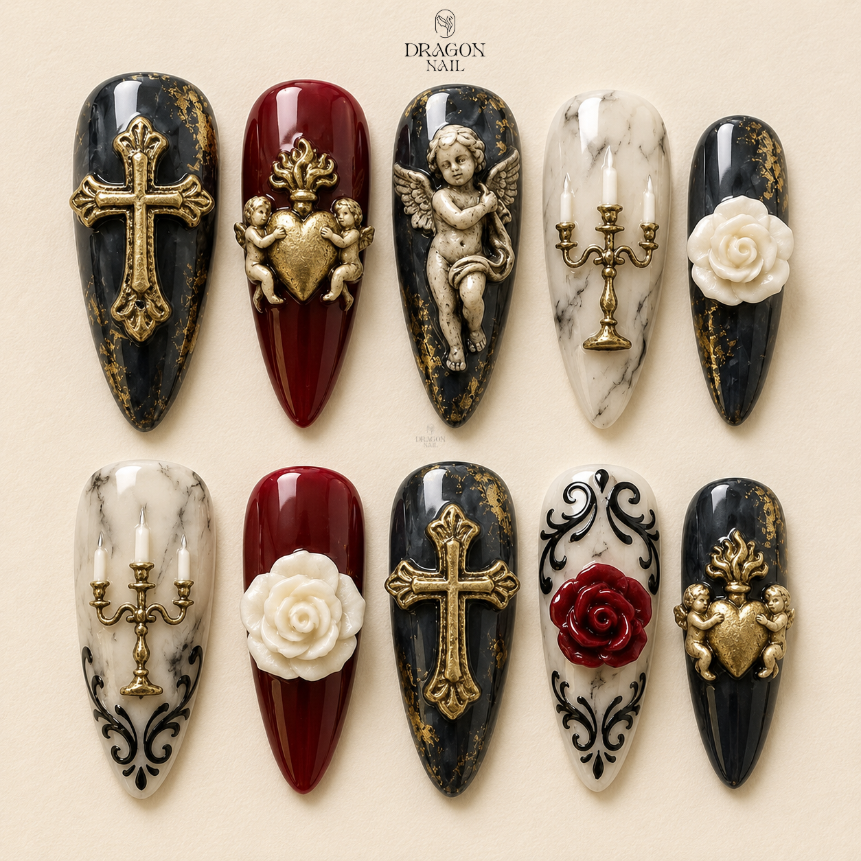 Handmade Gothic Baroque Religious Cross Angel Press On Nails Long Almond Vintage Set