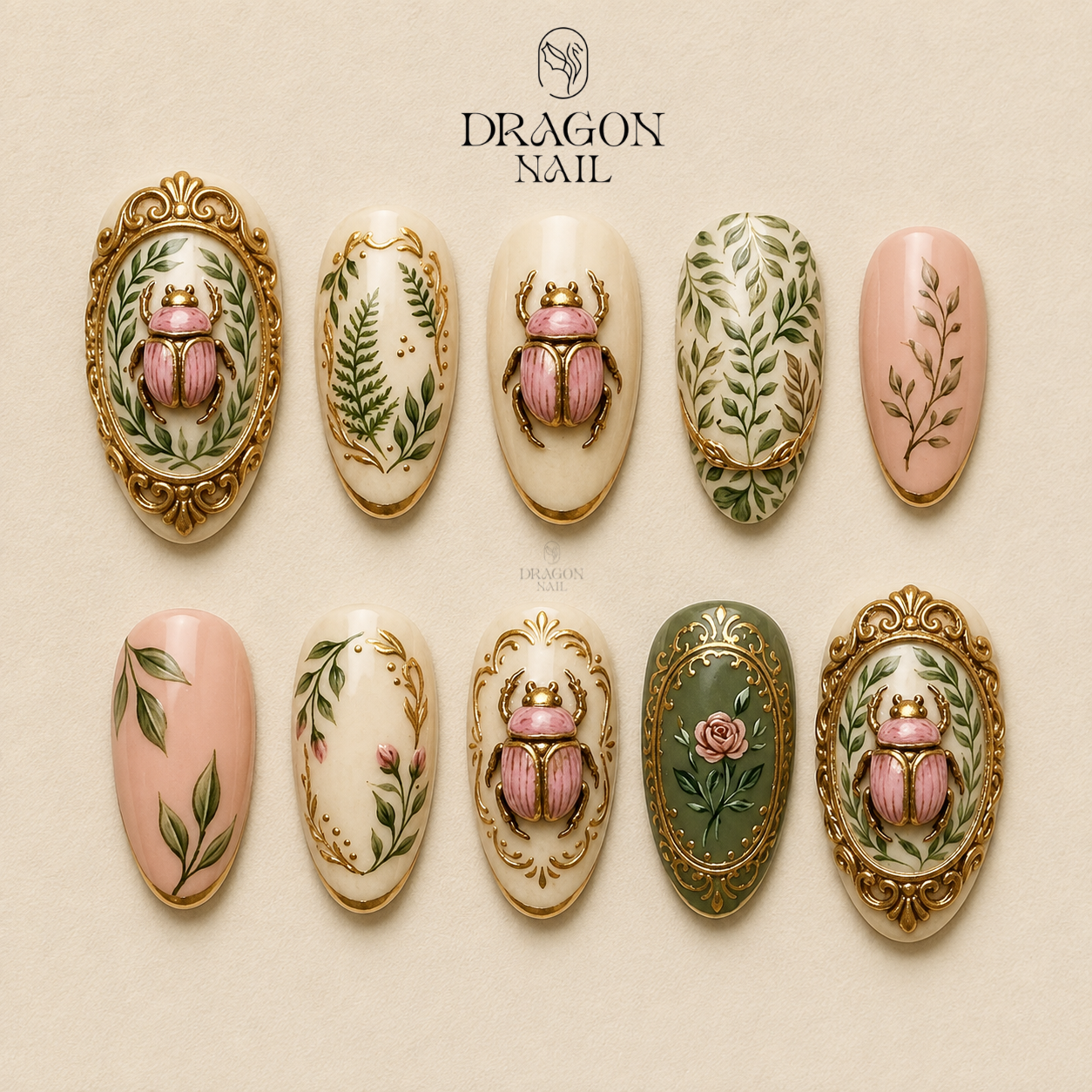 3D Pink Scarab Gold Luxury Press On Nails