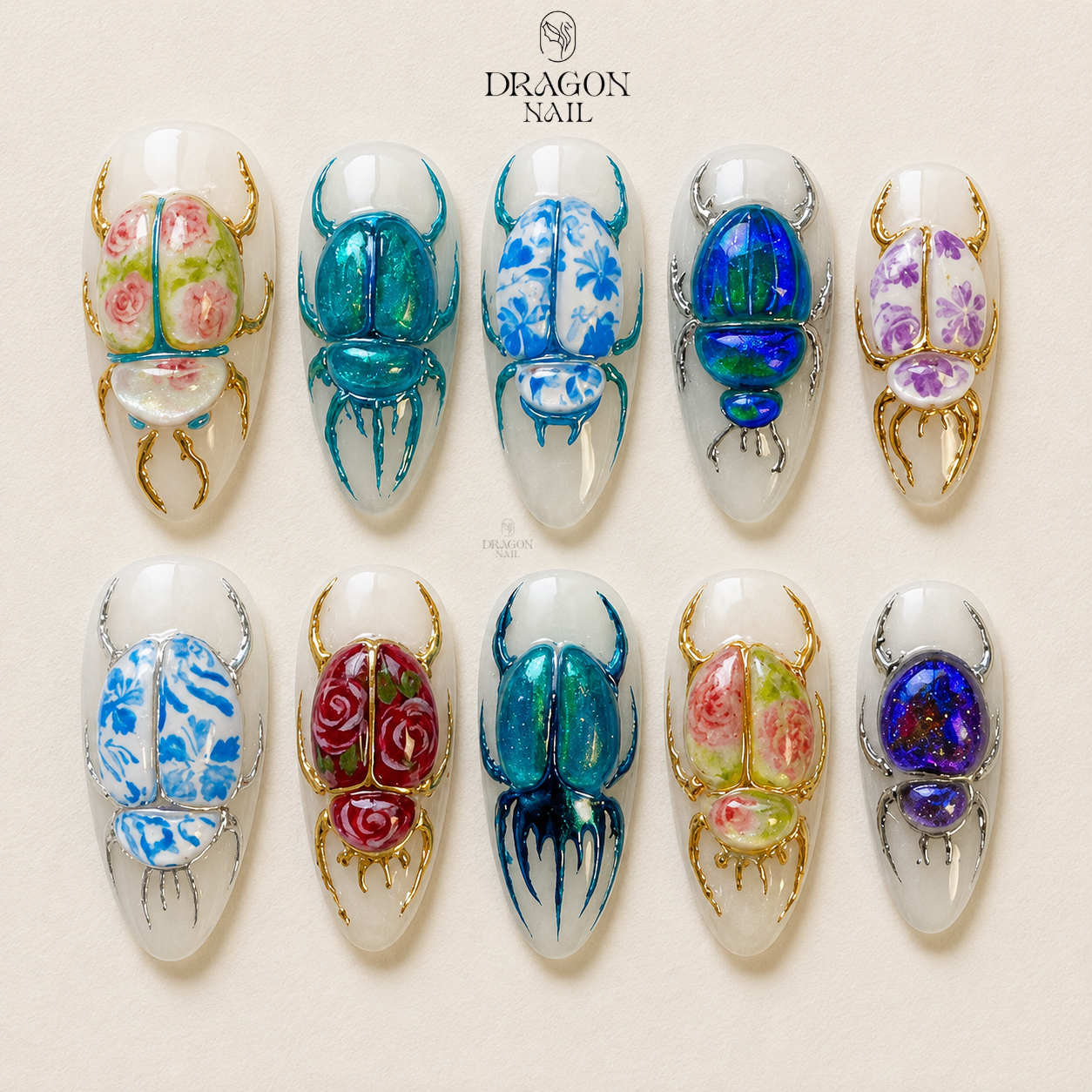 Ancient Jewel Scarab 3D Luxury Bug Art Press On Nails