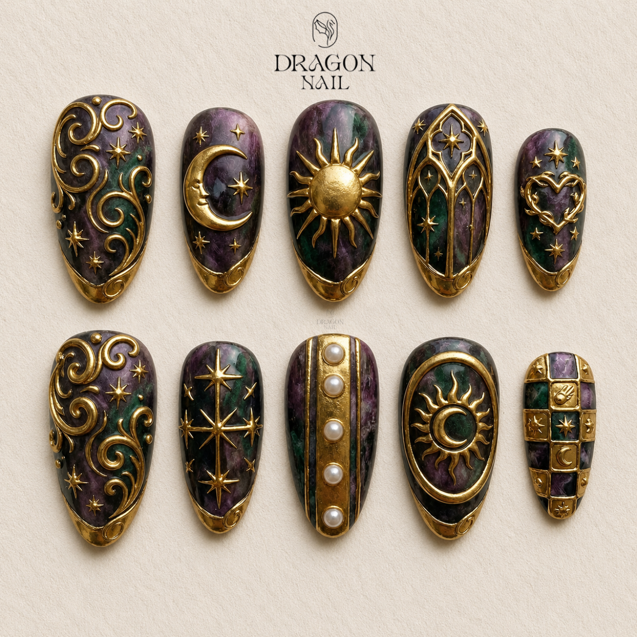 Celestial Astrology Sun Moon Star Gold Purple Galaxy Press On Nails