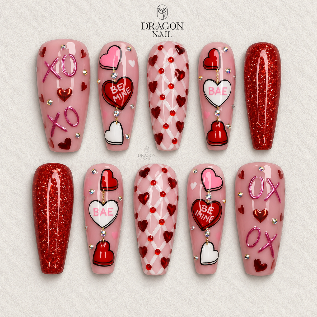 Valentine Nails, Pink XO & Heart Candy Press-On Set With Glitter Red Accent, Limited Edition