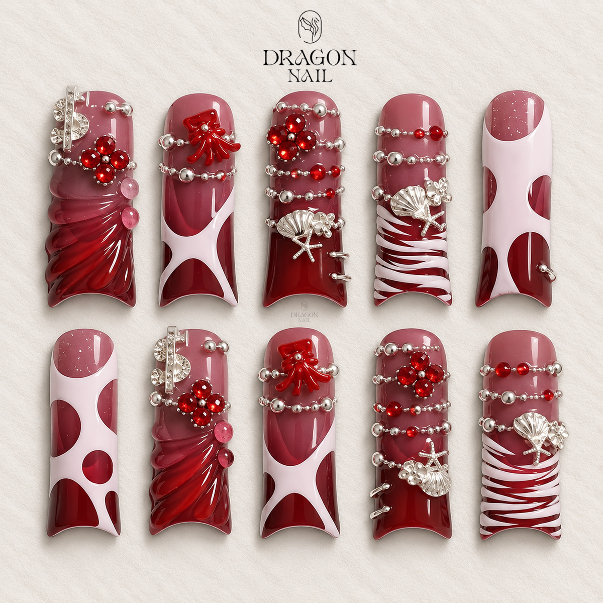Gothic Red Valentine Nails, Luxury 3D Press-On Set With Crystals & Bows, Dark Romance, Limited Edition