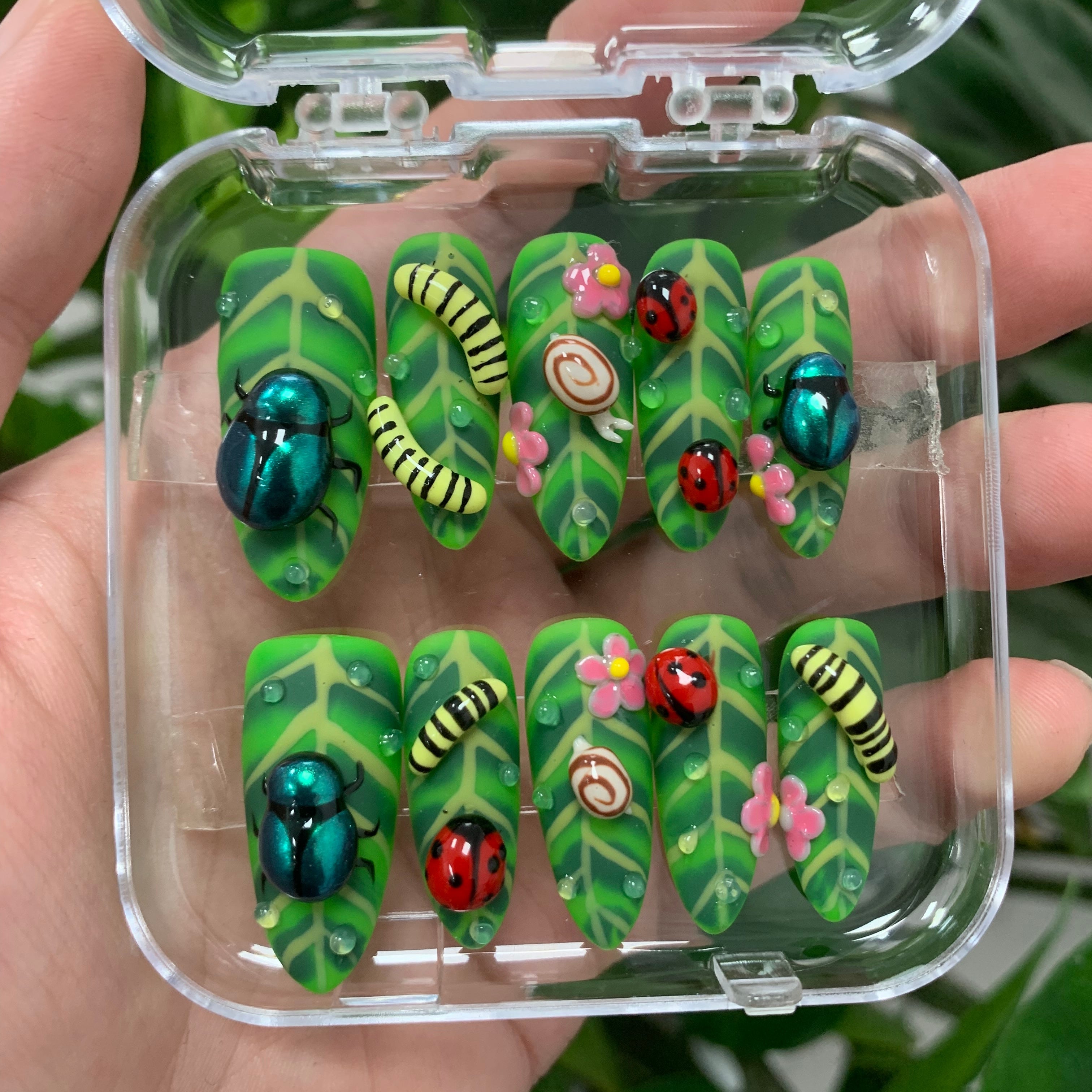 Whimsical Bug Snail Caterpillar Beetle Leaf Green Floral Press On Nails Nature Garden Set