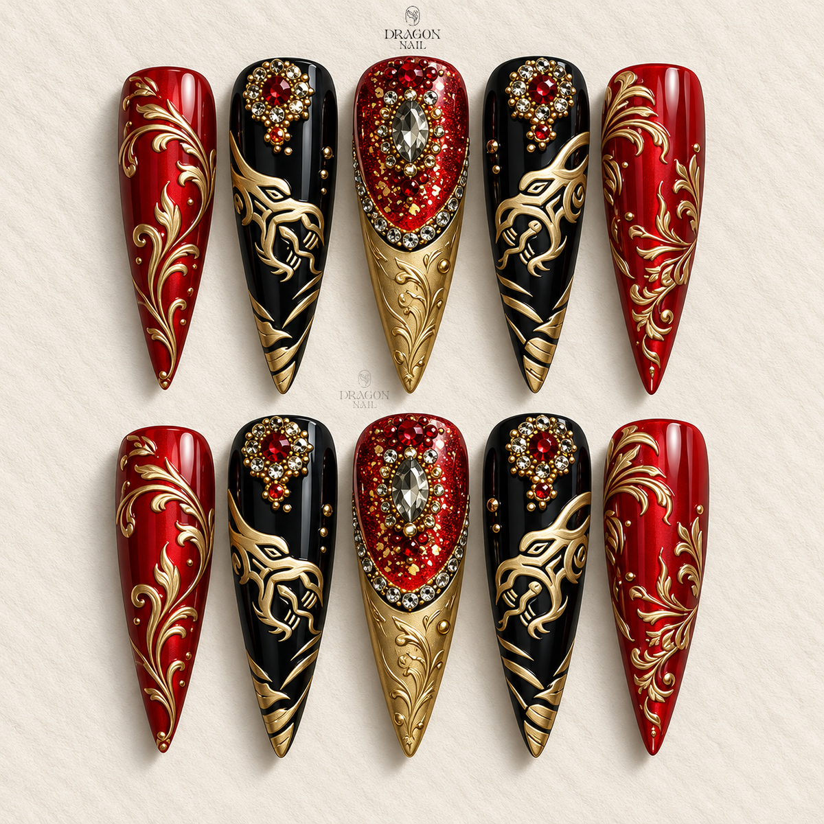 Imperial Dragon Red Black Ornate 3D Press On Nails