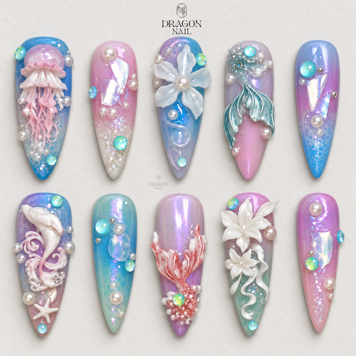 Iridescent Ocean Mermaid 3D Press On Nails