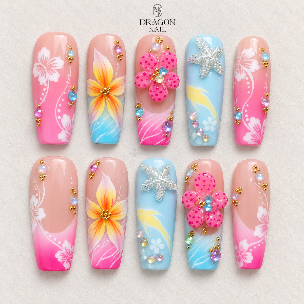 Island Bloom 3D Floral Beach Press On Nails