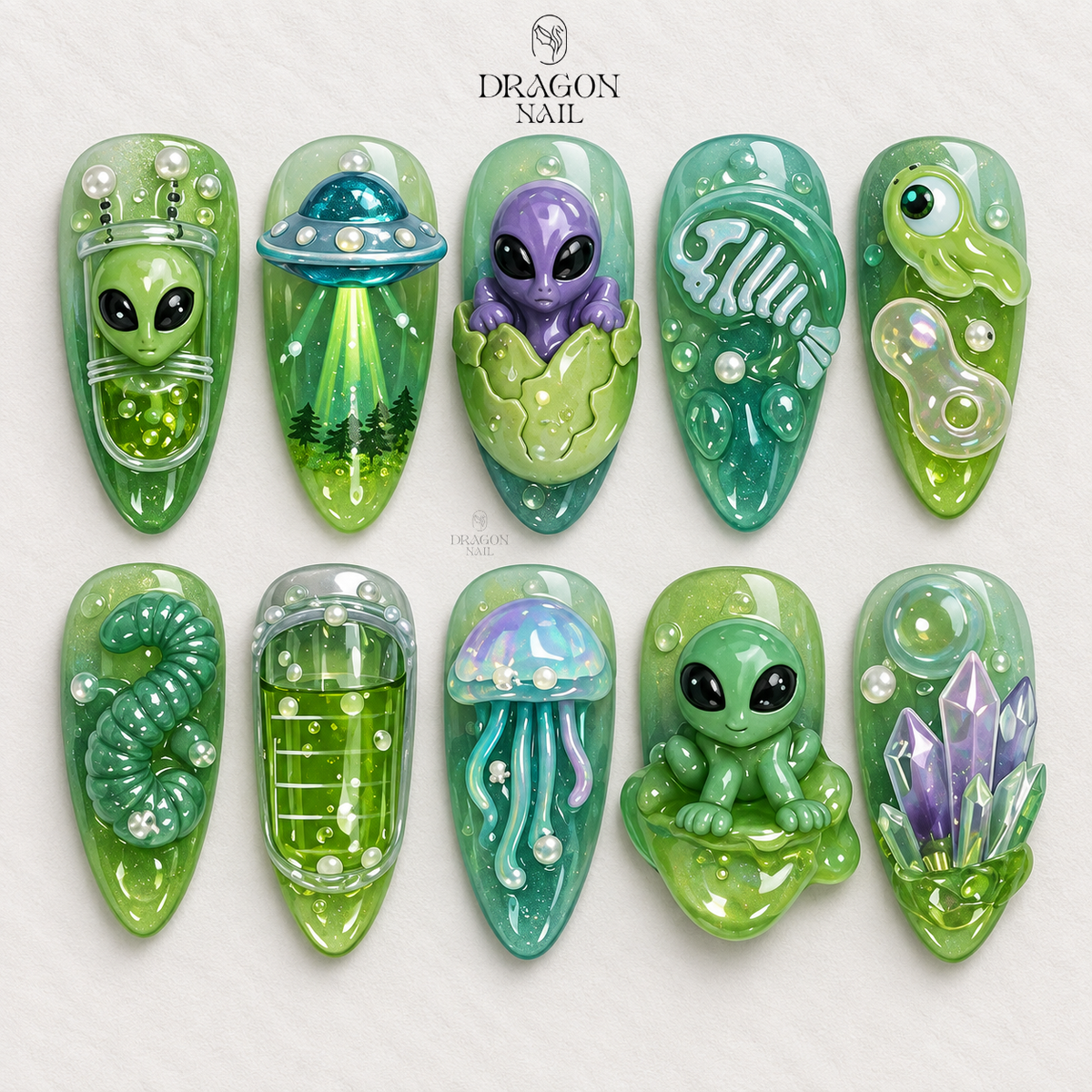 Kawaii Alien Green Cosmic 3D Press On Nails
