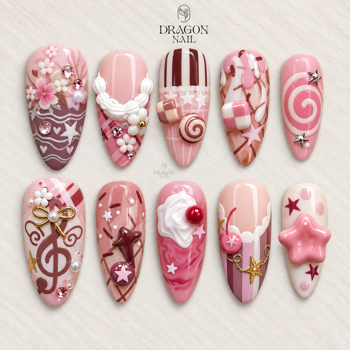 Kawaii Sweet Music Piano Notes Retro 3D Press On Nails