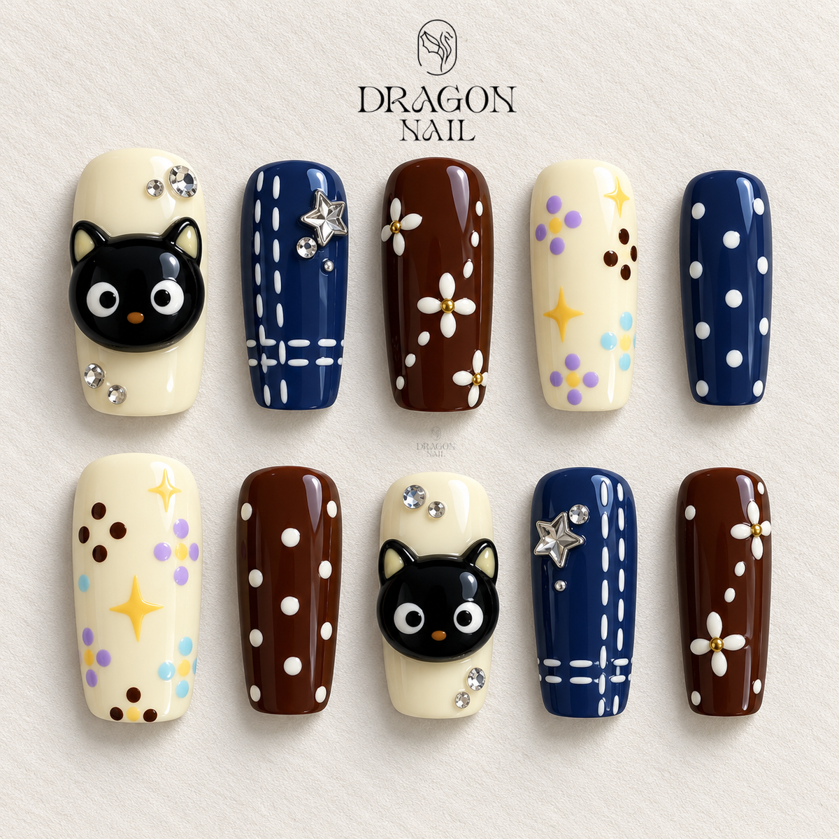 Kawaii Black Cat Press On Nails Cute Polka Dot Set