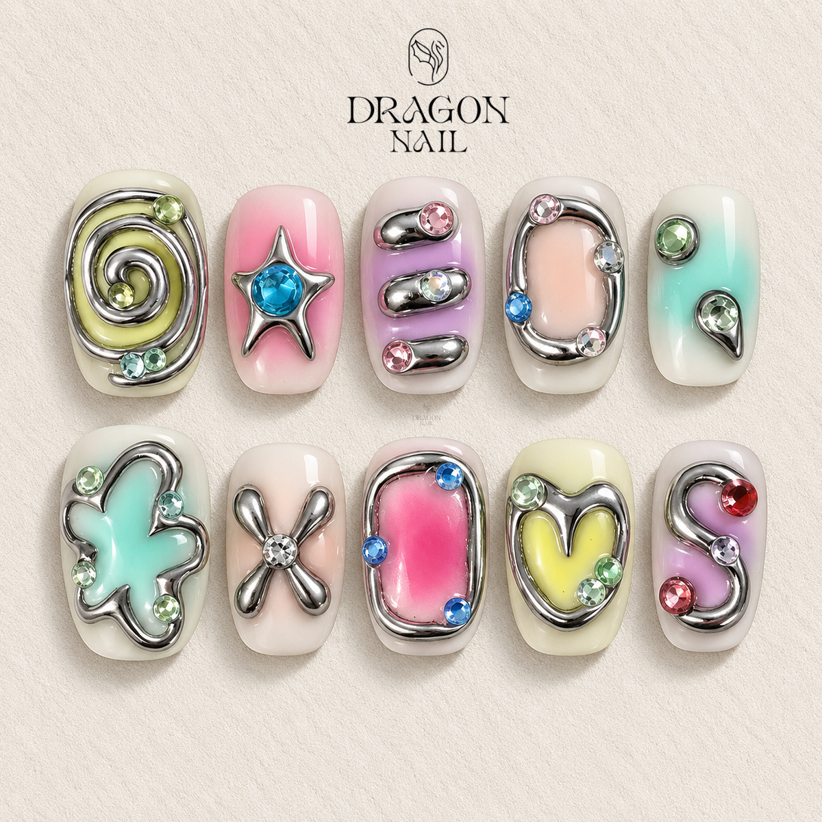 Kawaii Chrome Outline Crystal Pastel Gradient Press On Nails