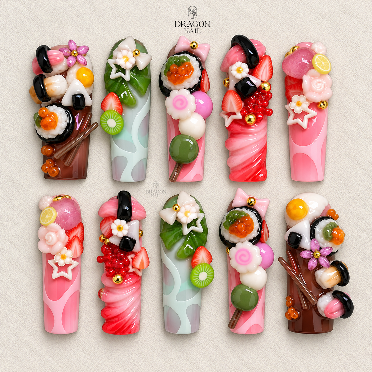 Kawaii Fruit Garden Nails, 3D Pastel Press-On Set With Cute Charms, Sweetcore Y2K Style, Limited Edition