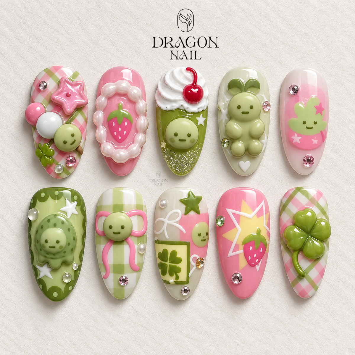 Kawaii Pastel Strawberry Clover Cute Press On Nails
