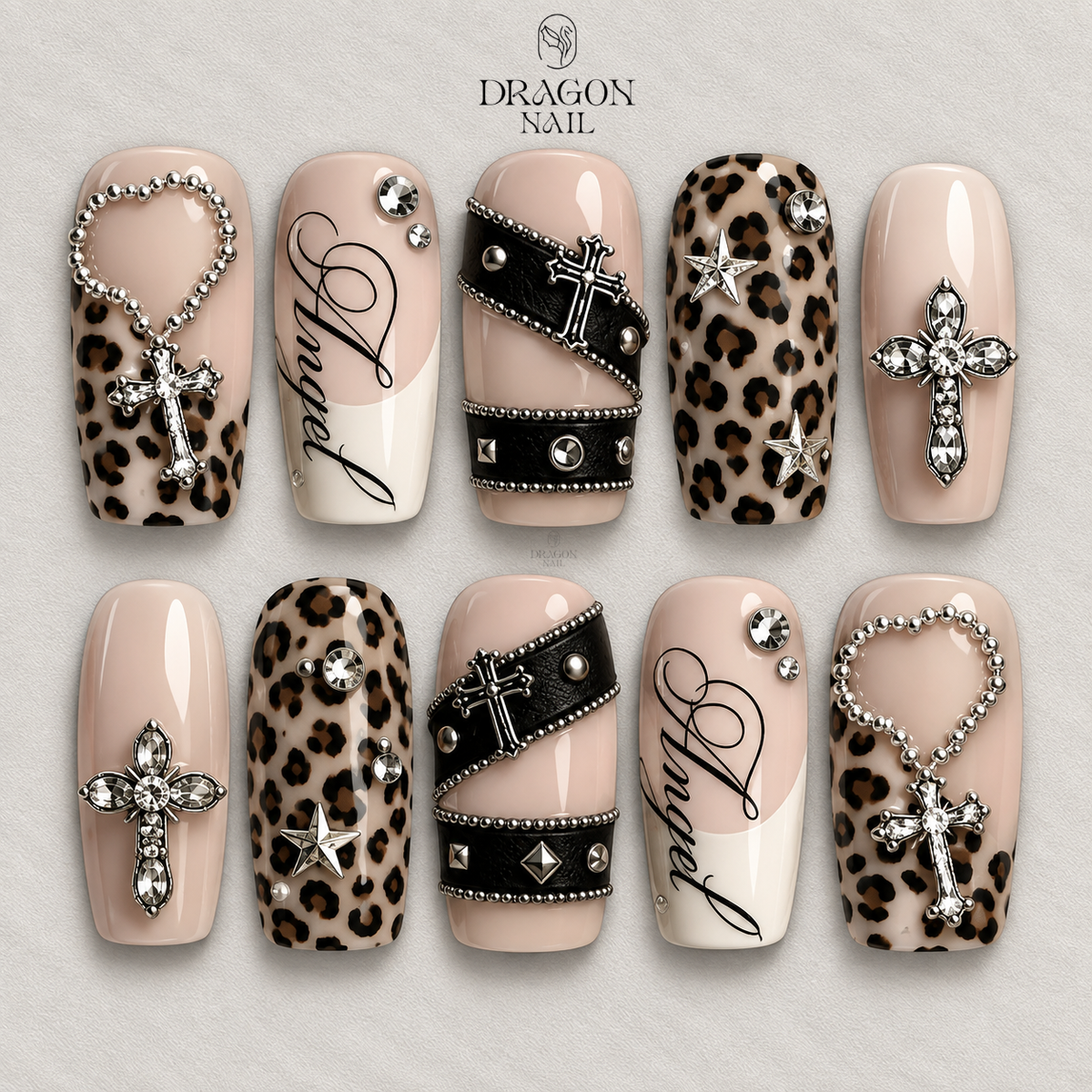Leopard Chrome Cross Chain Studded Gothic Press On Nails