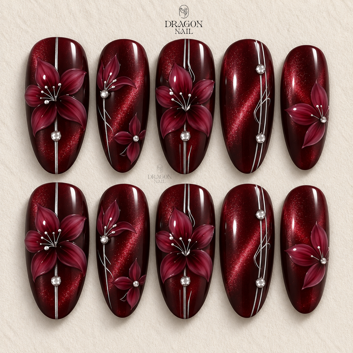 Luxury Burgundy Velvet Cat Eye Press On Nails