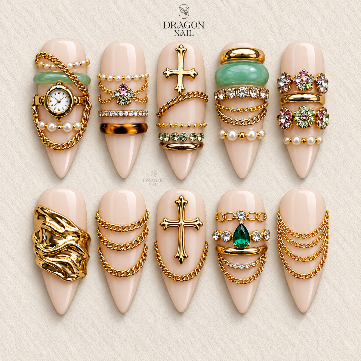 Luxury Golden Jewel Press On Nails