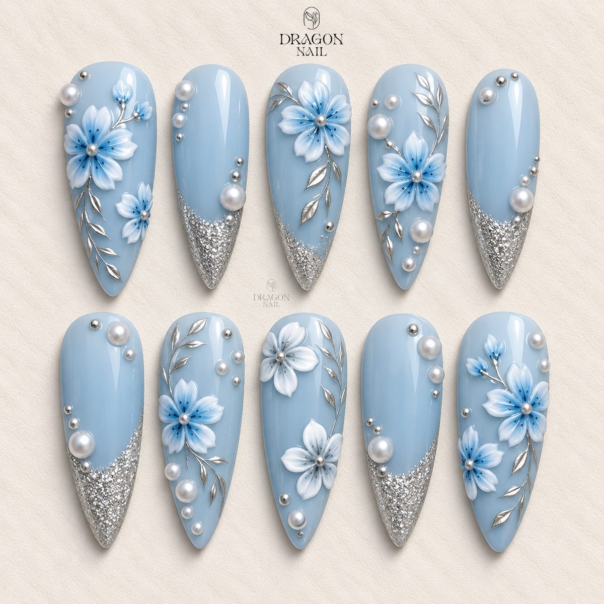 Luxury Handmade Blue 3D Floral Elegant Garden Press On Nails