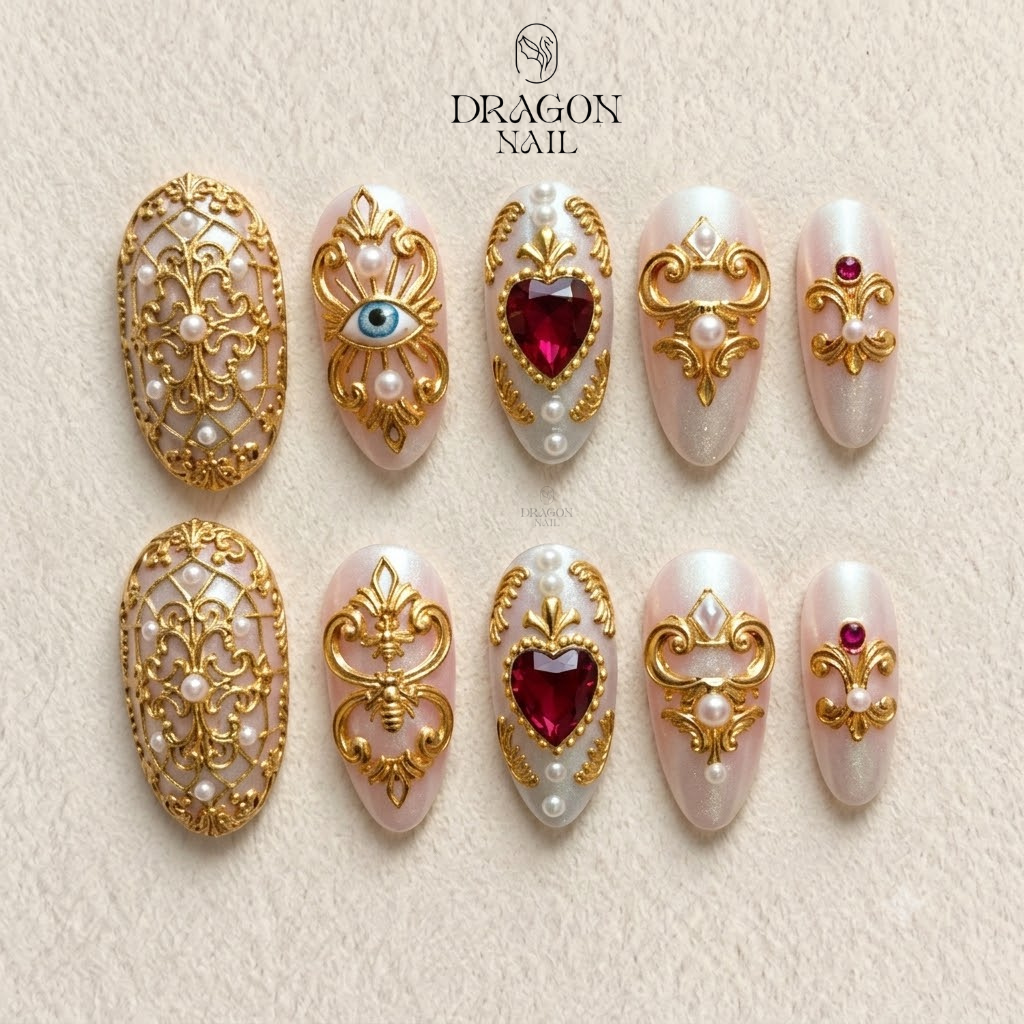 Luxury Baroque Ruby Gold Ornate Press On Nails