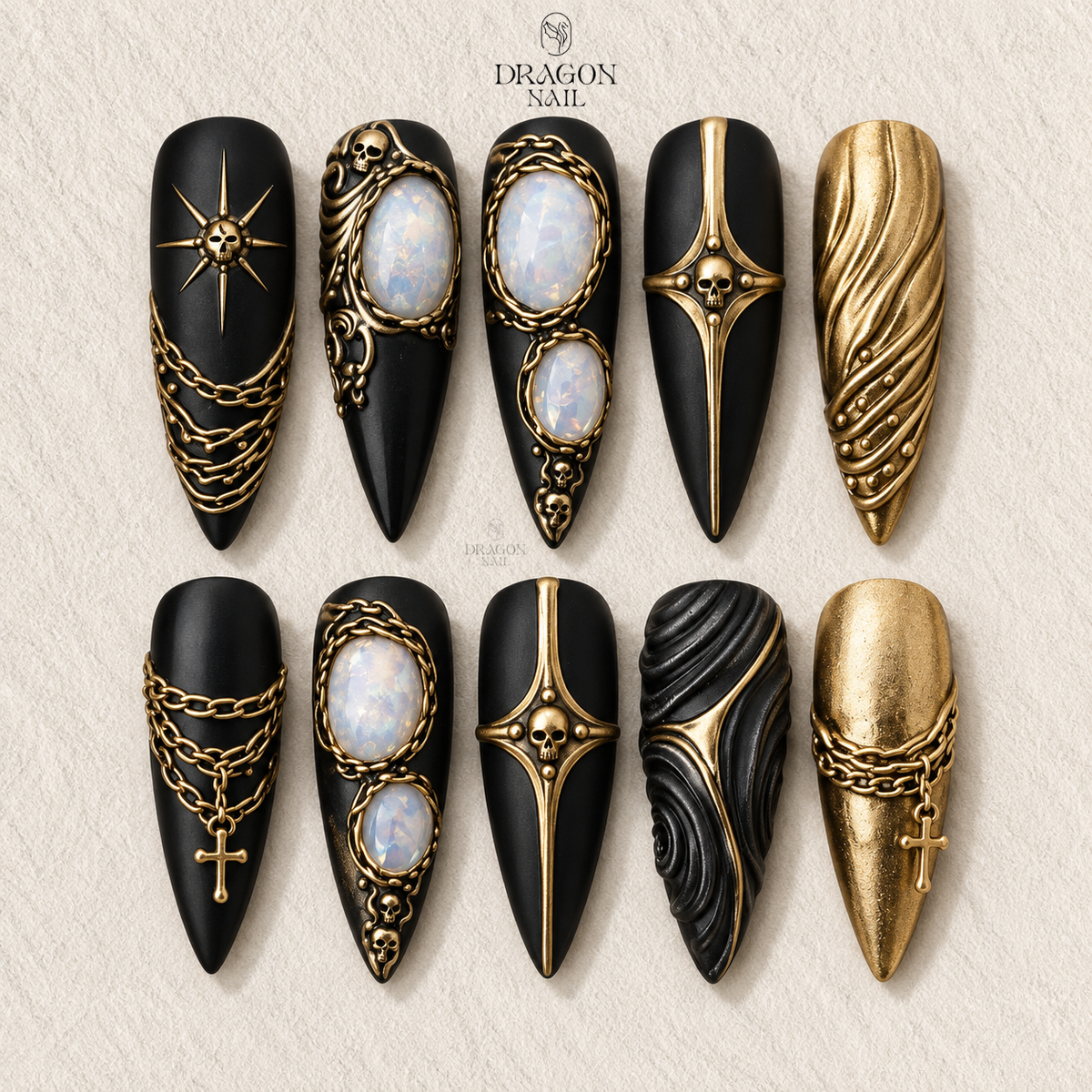 Luxury Black Gold Gothic Chain Skull Press On Nails