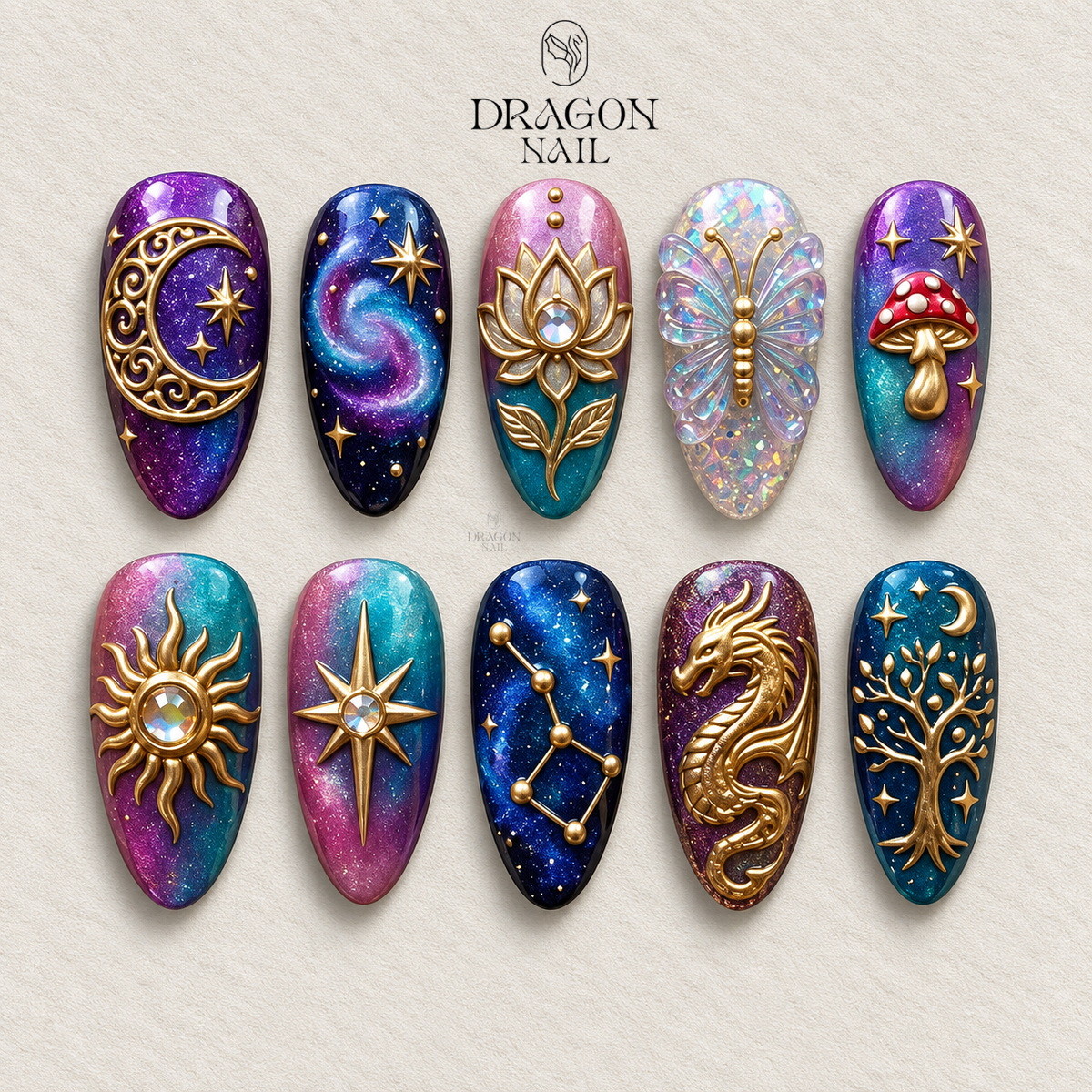 Luxury Celestial Gold 3D Galaxy Press On Nails