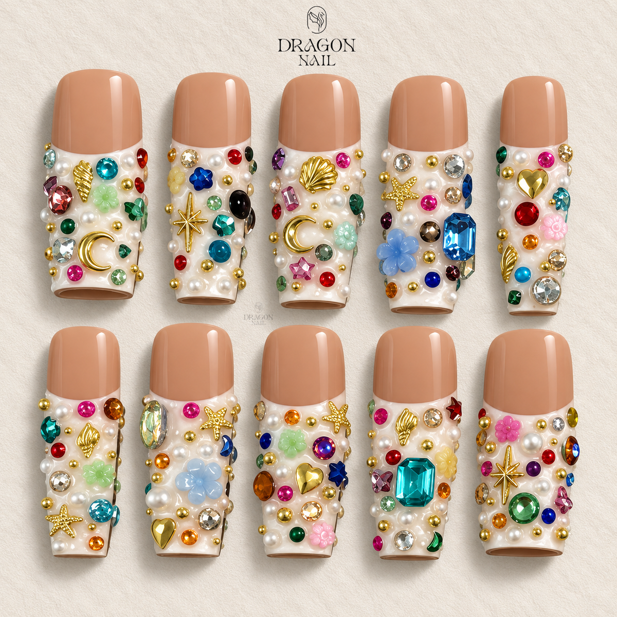 Luxury Gemstone Pearl Gold Rhinestone Glam Press On Nails