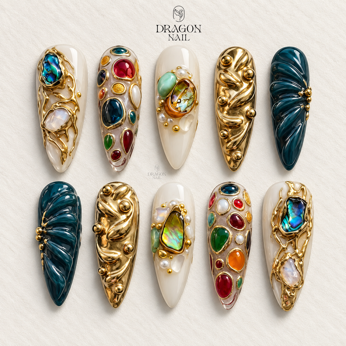 Luxury Gold Mosaic Stone 3D Bohemian Stiletto Press On Nails