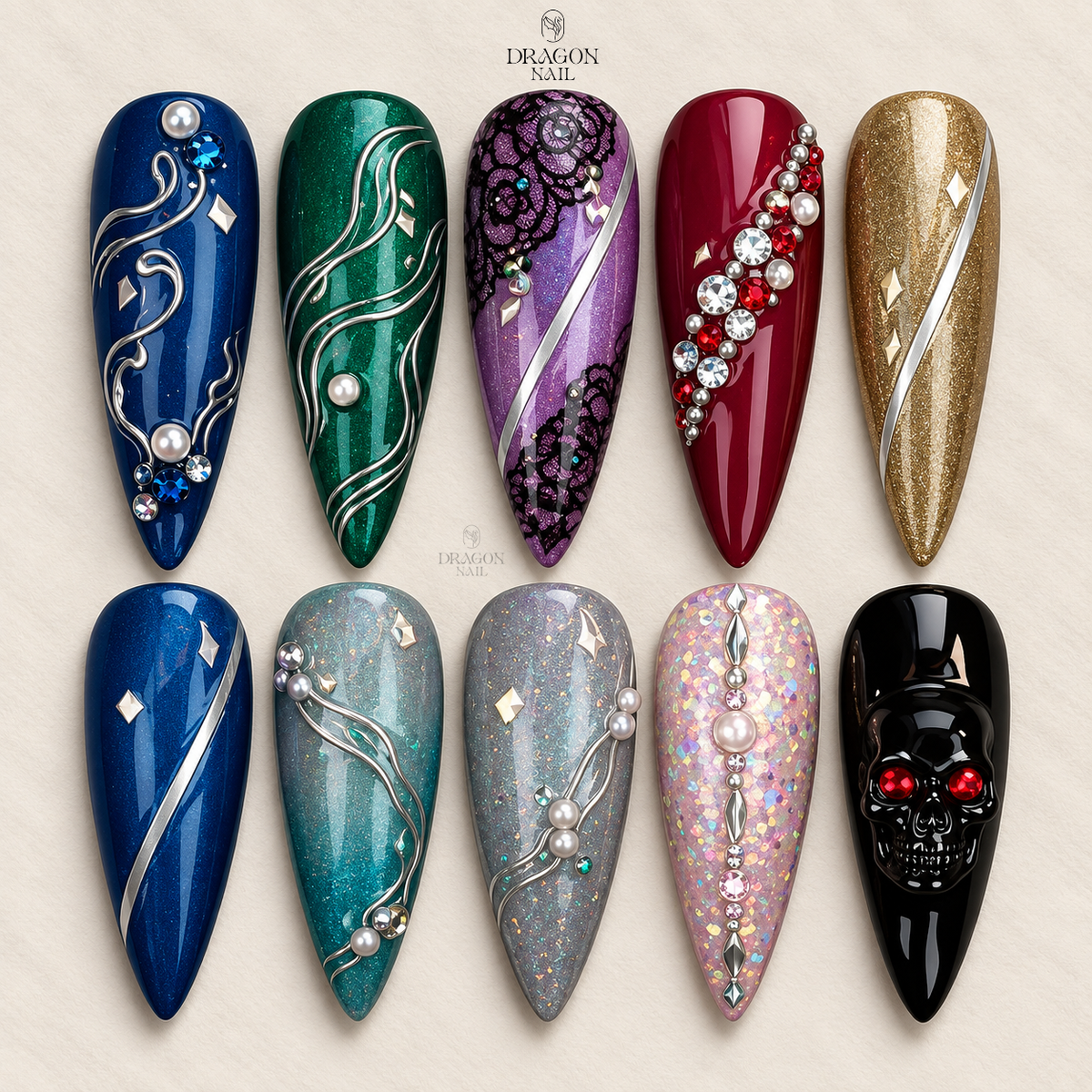 Luxury Gothic Shimmer Skull Accent Stiletto Press On Nails