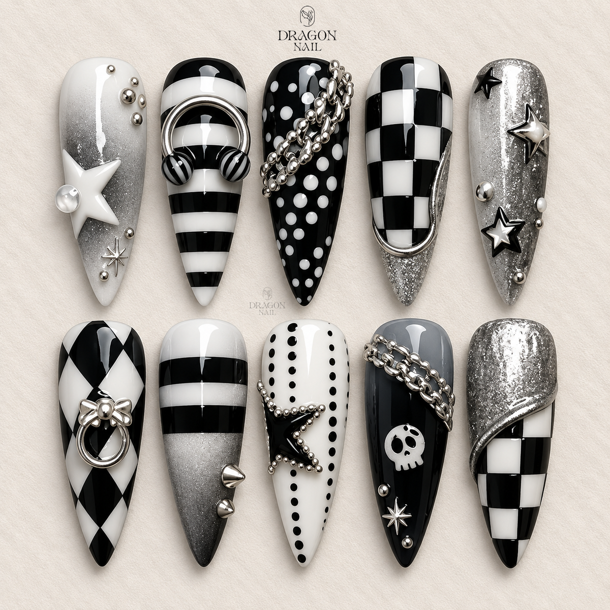 Luxury Handmade Gothic Punk Black Chrome Edgy Press On Nails