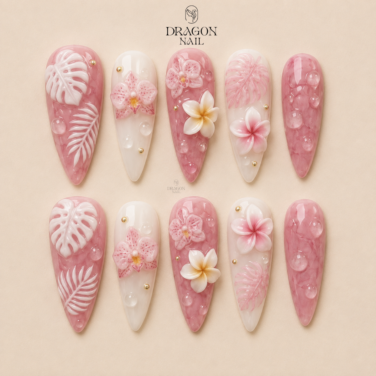 Luxury Tropical Bloom Waterdrop 3D Press On Nails