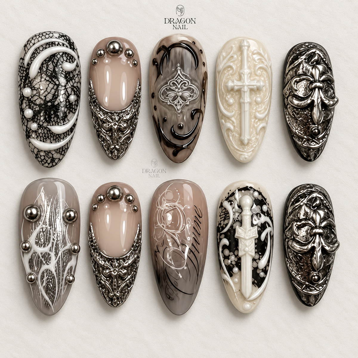 Medieval Armor Chrome Sword 3D Almond Press On Nails