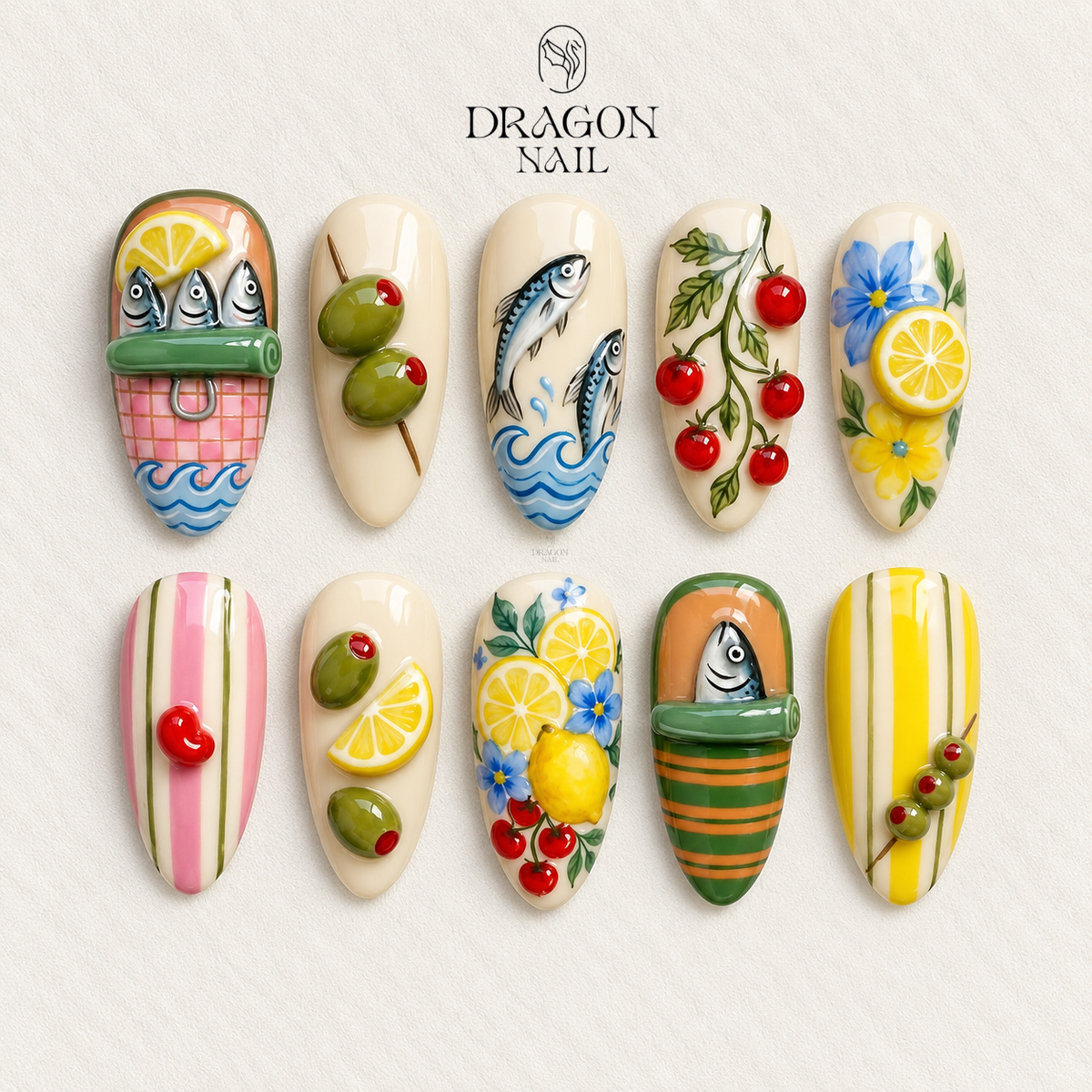 Mediterranean Coastal Fruit Art Vibrant Press On Nails
