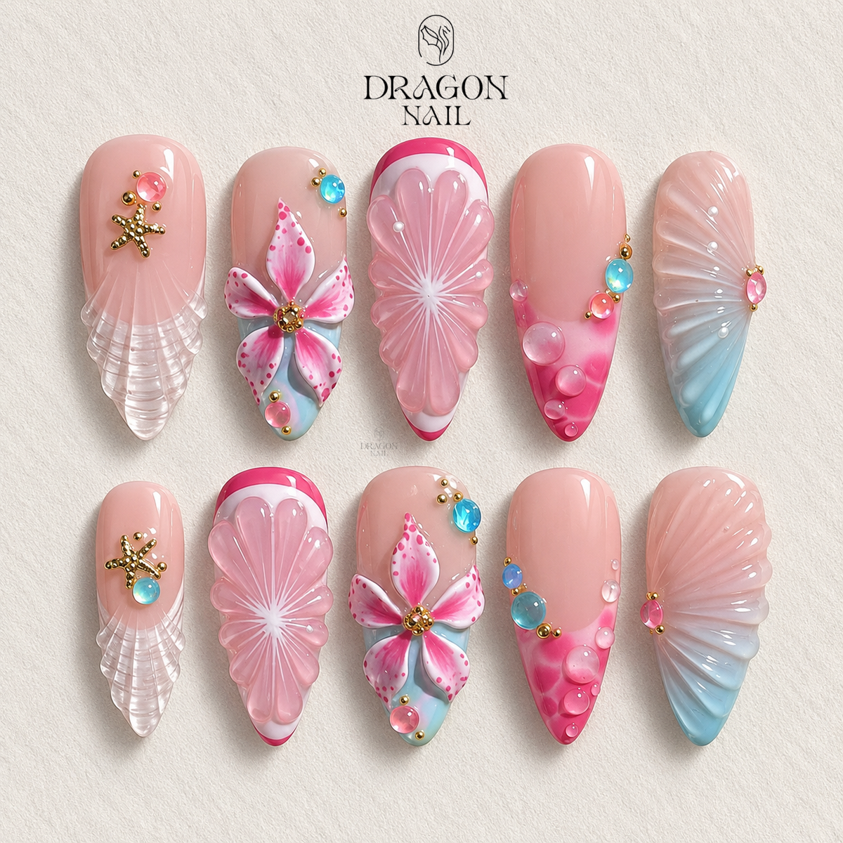 Mermaidcore Ocean Seashell Floral Dreamy Press On Nails