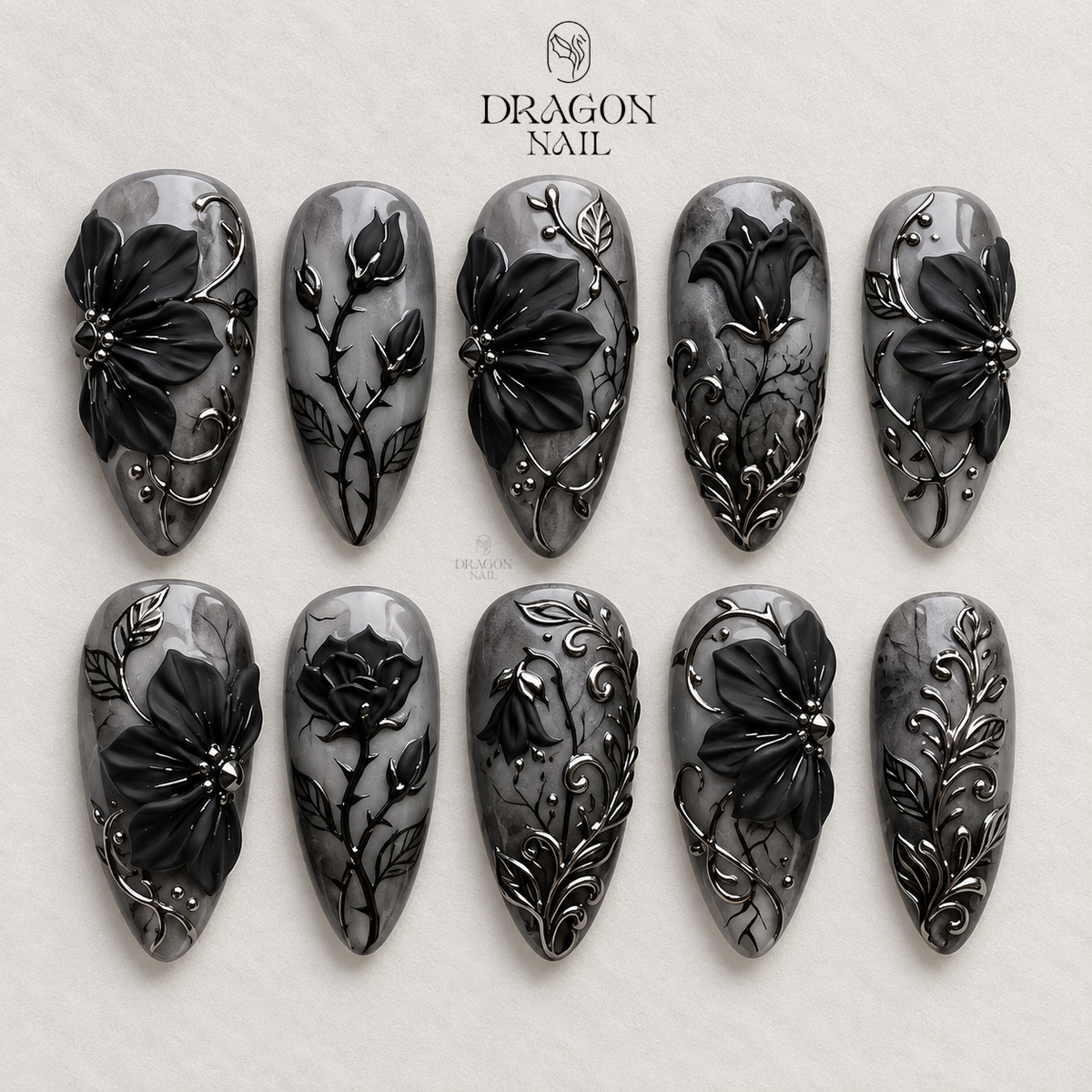 Midnight Black Rose Stiletto Press On Nails
