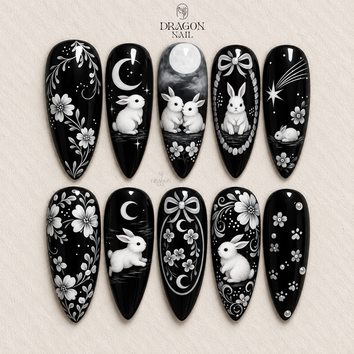 Midnight Celestial Bunny Floral Gothic Press On Nails